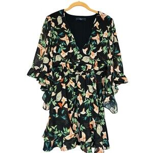Shore Women Black Floral Casual Dress Size Small Flutter Sleeve Fairycore Beach